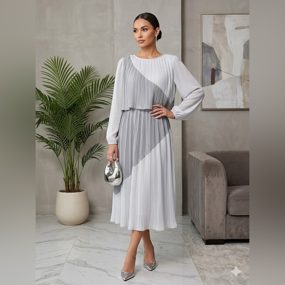 Darcy Vintage Pleated Two-Piece connected Midi Dress Grey Colorblock Glam